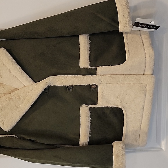 $190.00 Reversible Faux Shearling Jacket In Olive/Ivory Size Large NWT - Picture 8 of 13
